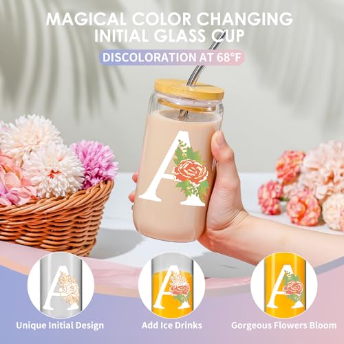 Personalized 16 Oz Glass Cup with Lid & Straw - Color-Changing Initial Gift (A-16OZ SENTVEND)