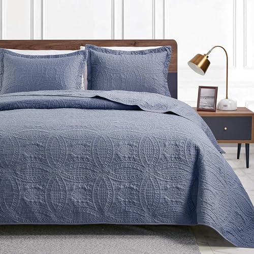 Oversized King Quilt Set with Pillow Shams - Bluish Grey Coin Pattern Bedding