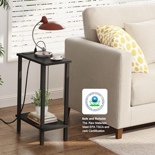 TUTOTAK 2-Tier Black Narrow Side Table Set of 2 with Charging Station