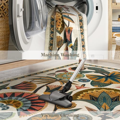 Egyptian Floral Washable Area Rug - Beige 5x7 Boho Vintage Non Slip Carpet