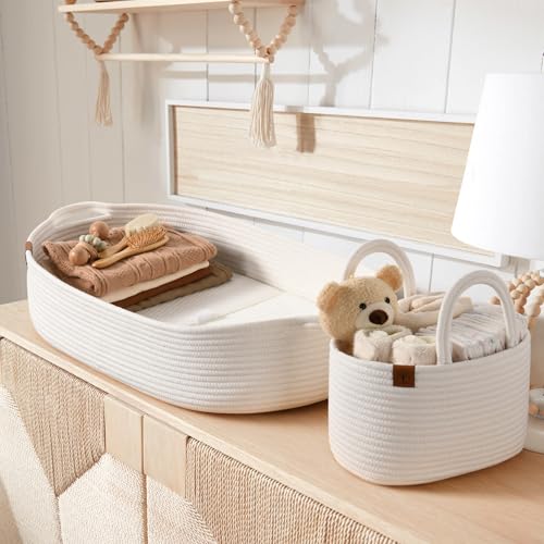 J&JOO Baby Changing Basket Set with Diaper Caddy - Soft Beige, Waterproof Dual-Cover Portable Changing Pad for Nursery & Travel