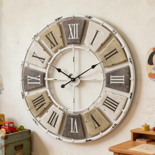Elegant Scale 32-Inch Distressed Metal Wall Clock with Roman Numerals – Farmhouse Decor