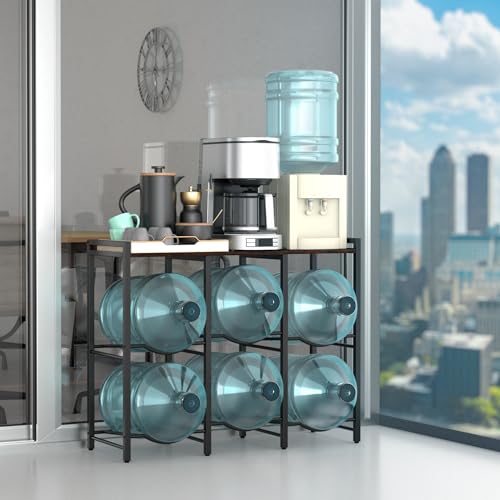 6 Slot Water Bottle Holder with Rustic Brown Wood Top Shelf for 5-Gallon Jugs - Heavy Duty Dispenser Stand