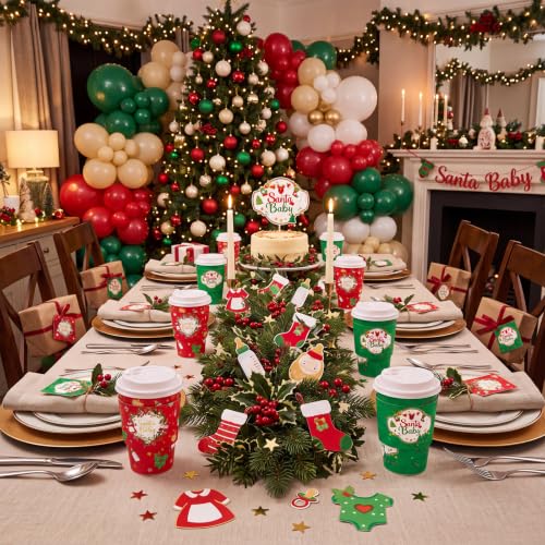 FoldTier 100 Count Santa Baby Coffee Cups with Lids & Sleeves - 12 oz (Red/Green) Baby Shower Set