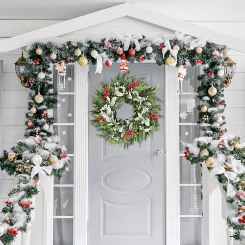 24in Realistic Christmas Wreath with Red Berries & Lambs Ear Leaves – Montekin