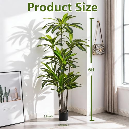 6FT Artificial Dracaena Tree - Tall Indoor Faux Plant with Lifelike Leaves for Home Office Decor