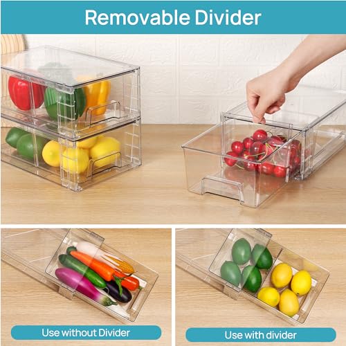 Vtopmart 4 Pack Stackable Clear Drawer with Dividers - 4.4"H Refrigerator & Kitchen Organizer