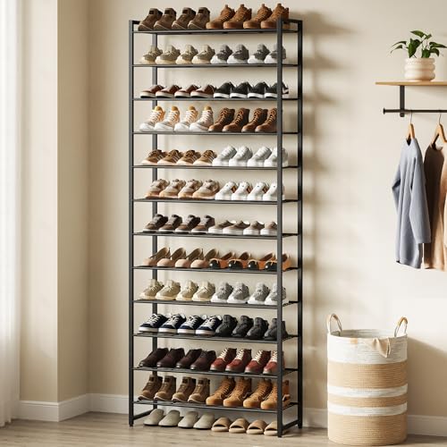 Nunsino 12 Tier Metal Shoe Rack Organizer - Black, Holds 60 Pairs
