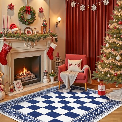 GarveeHome Blue 4' x 6' Checkered Christmas Rug, Non-Slip Washable Area Rug for Living Room