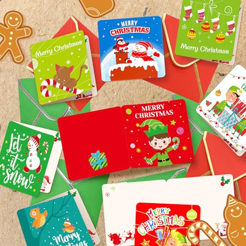 Mini Christmas Greeting Cards 24 Pack - Cute Holiday Note Cards with Envelopes & Stickers