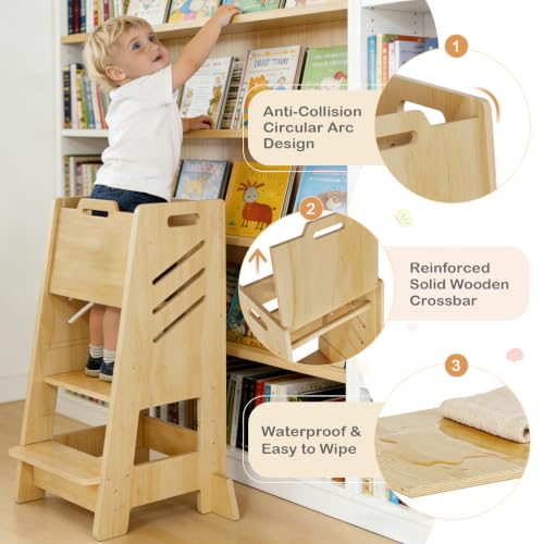 Wooden Toddler Tower with Sliding Panel, 3-Level Adjustable Kitchen Stool, Safe & Sturdy