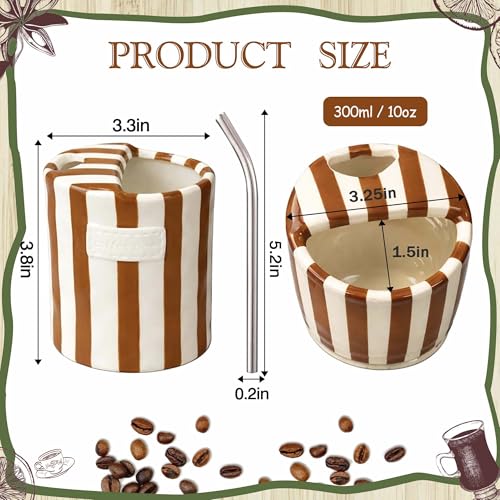 Meyerascal 10 oz Ceramic Mug with Stripes, No Handle, Straw Included – Coffee Time