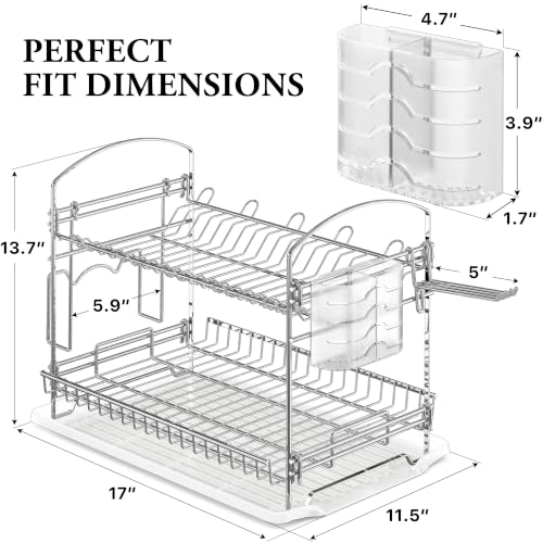 Stainless Steel Dish Rack with Drainboard and Cutlery Basket - Chrome - 2-Tier