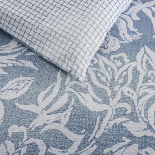 Queen Size Cotton Comforter Set with Matching Shams - Reversible Floral & Basketweave Design, Tortola Blue