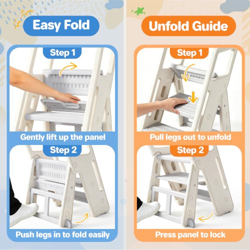 Foldable Toddler Step Stool with Handles - Adjustable 3-in-1 Kids Stool for Bathroom Kitchen and Bedroom