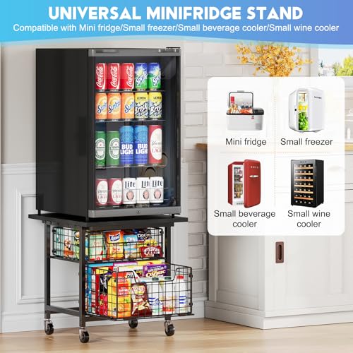 Black Mini Fridge Stand with Storage Drawers - Heavy Duty Kitchen Cart