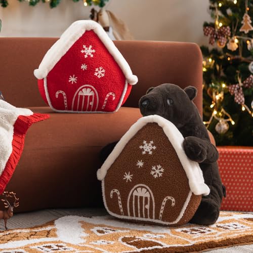 Gingerbread House Throw Pillow, 12x13, Phantoscope Coffee – Plush Teddy/Faux Rabbit Fur Roof