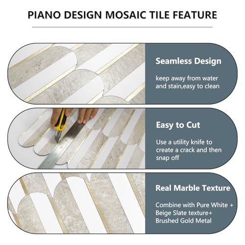 Peel and Stick Backsplash Tiles - Seamless White Beige Slate with Light Gold - 10 Sheets
