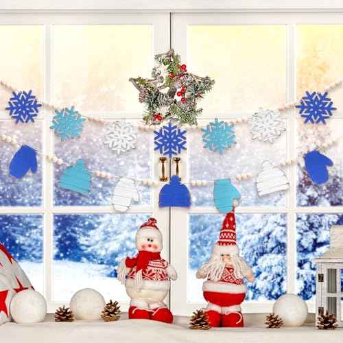 2 Pcs 84 Inches Winter Wood Bead Garland Rustic Wooden Snowflake Hat Gloves Banner Winter Snowflake Blue White Farmhouse Decorations Hello Winter Garland for Winter Holiday Home Fireplace Doorway