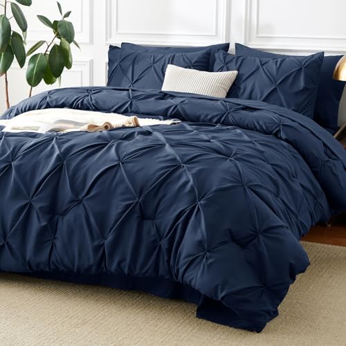CozyLux Navy Oversized King Comforter Set 7-Piece Pintuck Bed in a Bag