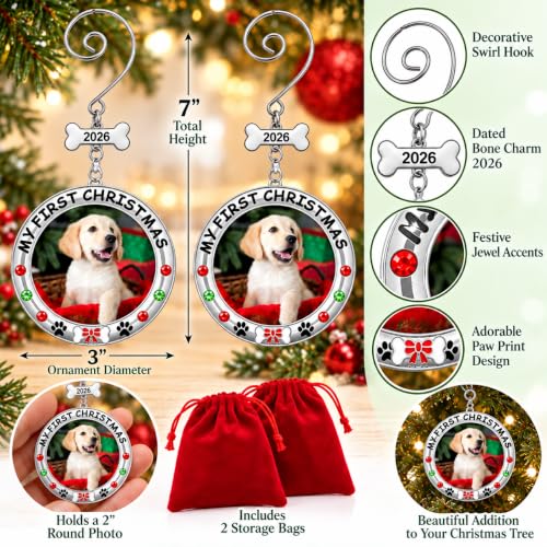 BANBERRY DESIGNS My First Christmas Dog Photo Ornament Set of 2 (2026) – Includes 2 Storage Bags, Non-Customized