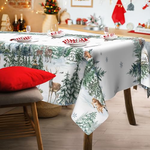 LEWARAN Christmas Tablecloth 52x70 Rectangular Snowmen & Deer Polyester