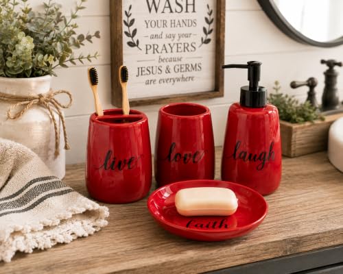 Red Ceramic Bathroom Accessories Set - 4 Piece Farmhouse Decor, Soap Dispenser, Toothbrush Holder, Tumbler & Soap Dish