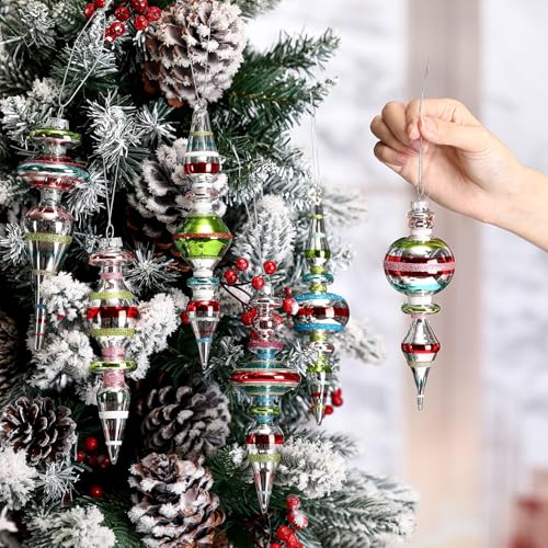 Soulchen Classic Glass Finial Christmas Ornaments Set of 6 6-6.8 Inch Holiday Decor