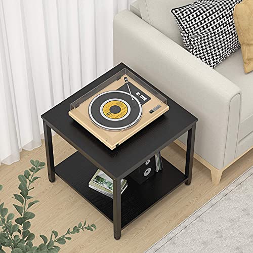 Homieasy Black 20-Inch Square 2-Tier Metal Wood Side Table for Living Room & Bedroom
