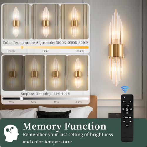 Cheerful Lee Gold Crystal Wall Sconce Set of 2 - Wireless Dimmable Vanity Lights for Bedroom Hallway