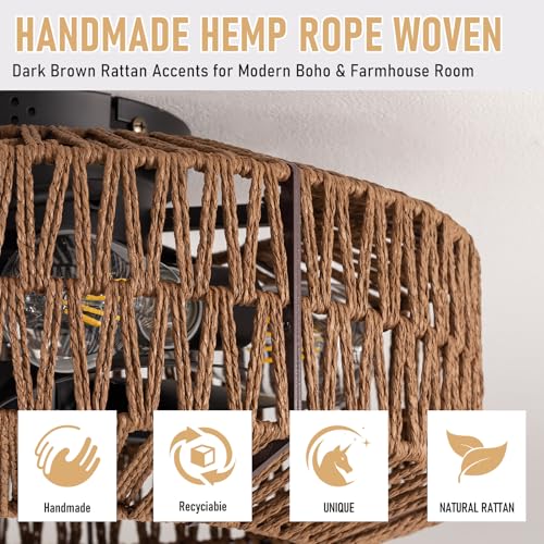 Dark Brown Rattan Ceiling Fan with Lights and Remote Control - Boho Fandelier 18 Inch