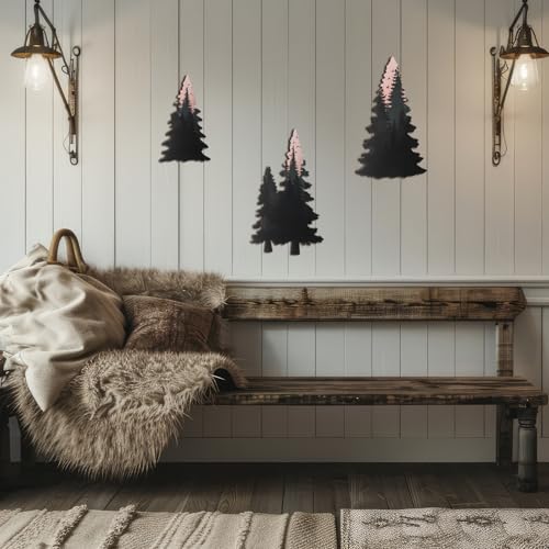 Lumncomfor 3PCS Wooden Pine Tree Wall Art Set, Forest Wall Decor Woodland Nature Tree Themed Home Decor Rustic Christmas Gift for Living Room Nursery Bedroom Cabin Office