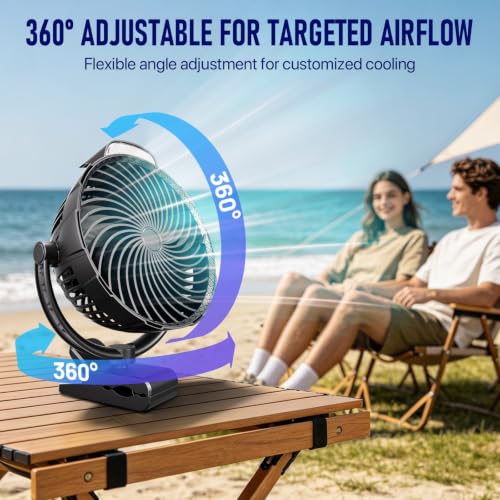Gentsvip Black 8-Inch Rechargeable Clip-On Fan with LED Light, 9-Speed, 360° Rotation, 30H Battery