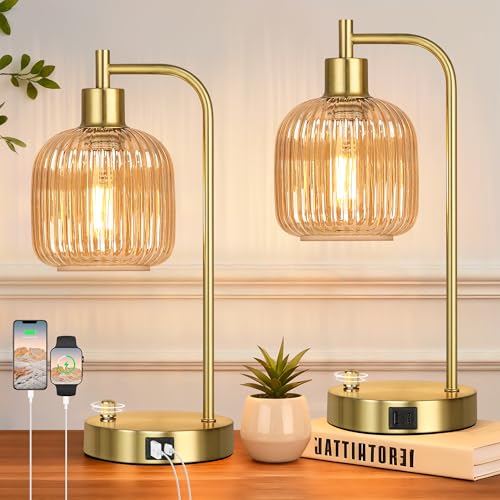 Dimmable Champagne Glass Table Lamps Set of 2 with USB Ports - Gold & Champagne Variation