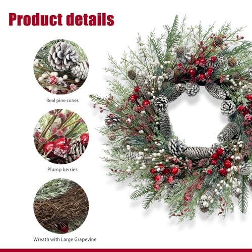 Jobflower 24 Inch Christmas Wreath with Natural Pine Cones, Red Berries & Berry Variant, Indoor Outdoor Holiday Decor