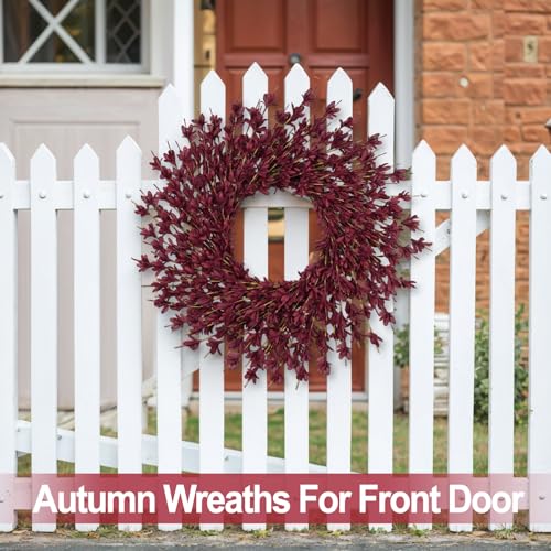 LZNPA 26 Inch Realistic Fall Wreath for Front Door, Wine Red Autumn Decor