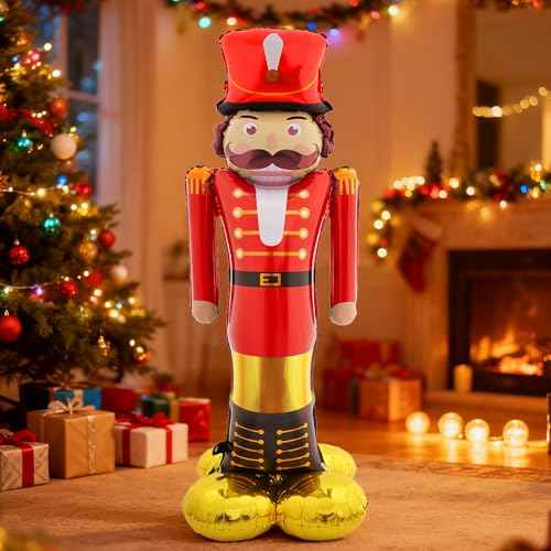 Christmas Balloons Party Decorations Indoor, 65 Inches Tall Nutcracker Foil Balloon for Christmas Decor, Life-Sized Standing 3D Balloons