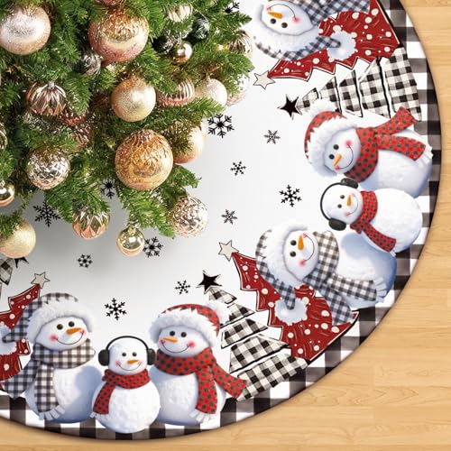 QIALETS 48 Inch Gray Buffalo Plaid Christmas Tree Skirt with Snowmen Decoration