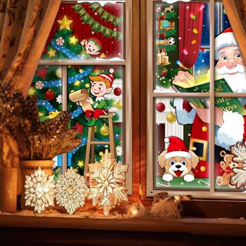 Preboun 2 Pcs Christmas Curtain Window Decoration Xmas Window Silhouette Snowflake Cover Christmas Poster for Indoor Outdoor Holiday Party Wall Garage Door Decor(Santa Claus and Elf Tree)