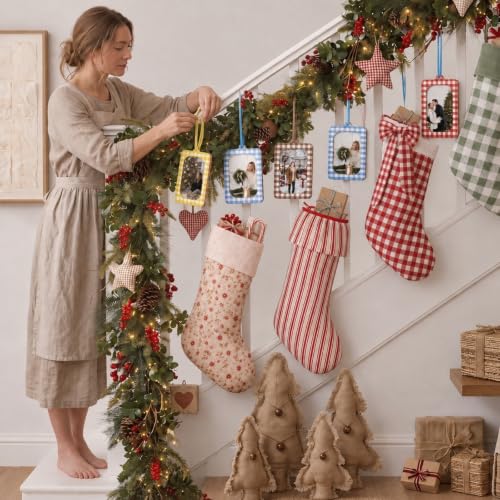 Pinkunn 12 Pcs Christmas Gingham Photo Frame Ornaments 2x3 in Multi Color - Cotton Rustic