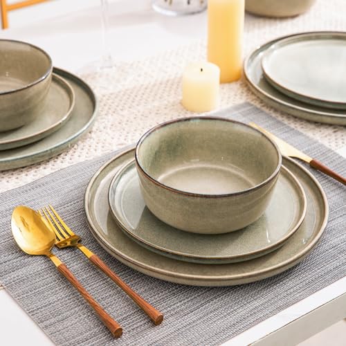 Reactive Glaze Stoneware Dinnerware Set for 4 - 12 Pieces, Plates & Bowls
