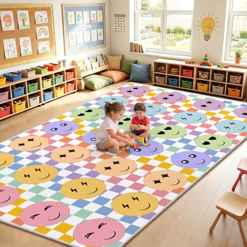 Classroom Rug - Large 7.6x12 ft Pastel Smile Face Play Area Mat - Bright Learning Space - Variation of Pastel / Smile Face