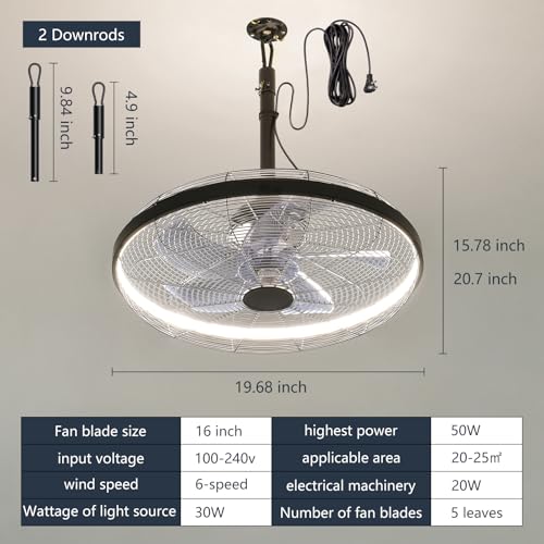 AHAWILL Black Outdoor Ceiling Fan with Lights, 6-Speed, Dimmable, Remote Control
