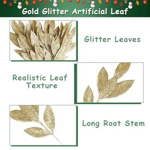 KIMOBER 20PCS Christmas Artificial Leaves,Glitter Golden Fake Floral Spray Picks Branches Twig for Xmas Tree Wreath Wedding Bouquet Decoration