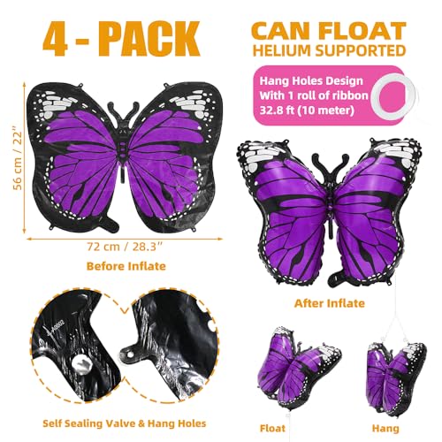 Purple Charming 4 Pack Butterfly Party Balloons, 28 Inches Girls Fairy Wings Butterfly Themed Helium Foil Aluminum Balloon For Wedding, Baby Shower, Birthday Party Decorations