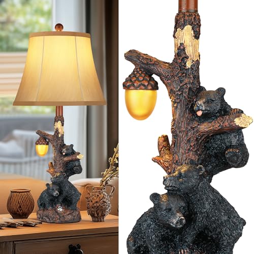 Rustic Bear Bedside Table Lamps Set of 2 with Nightlight & USB Ports