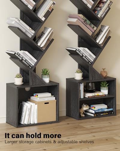 Black 6-Tier Tree Bookshelf with Storage Cabinet - Compact Tall Bookcase