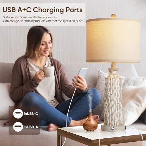 Farmhouse 26-Inch Set of 2 Off-White Lamps with USB Charging, Touch Dimmable