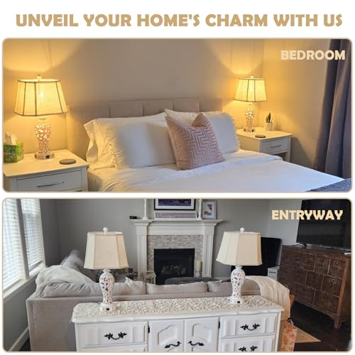 Reyokale Wash White Rustic Table Lamp Set with USB Ports & Nightlight - Farmhouse Vintage End Table Lamps for Living Room & Bedroom