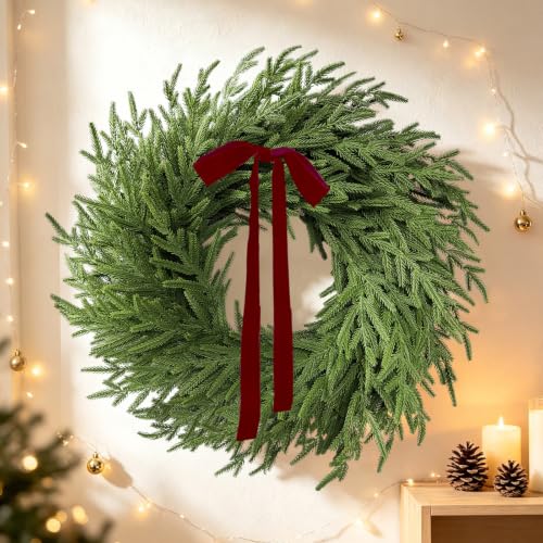 Thewe 26-Inch Real Touch Norfolk Pine Wreath with Velvet Ribbon (Green) for Front Door